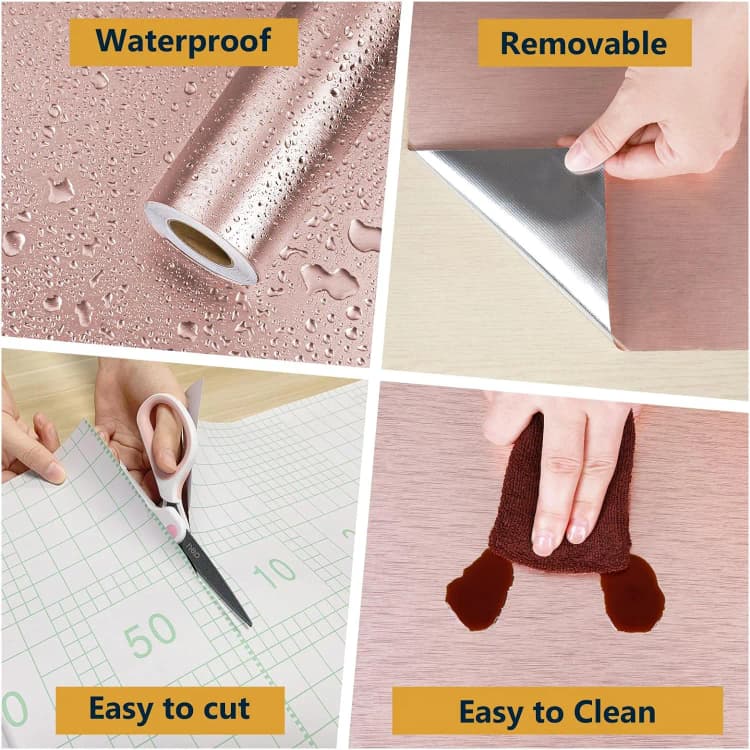 COWINLIFE DECO Rose Gold Metallic Wallpaper Stainless Steel Heat Resistant Brushed Peel and Stick Wall Paper Sticker for Kitchen detail 6