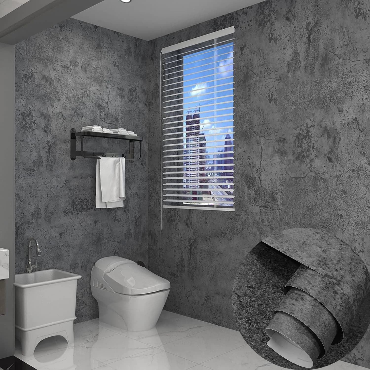 COWINLIFE DECO Thick Grey Concrete Wall Paper Cement Wallpaper Peel and Stick Vinyl Textured Self-Adhesive Wall Sticker for Bathroom