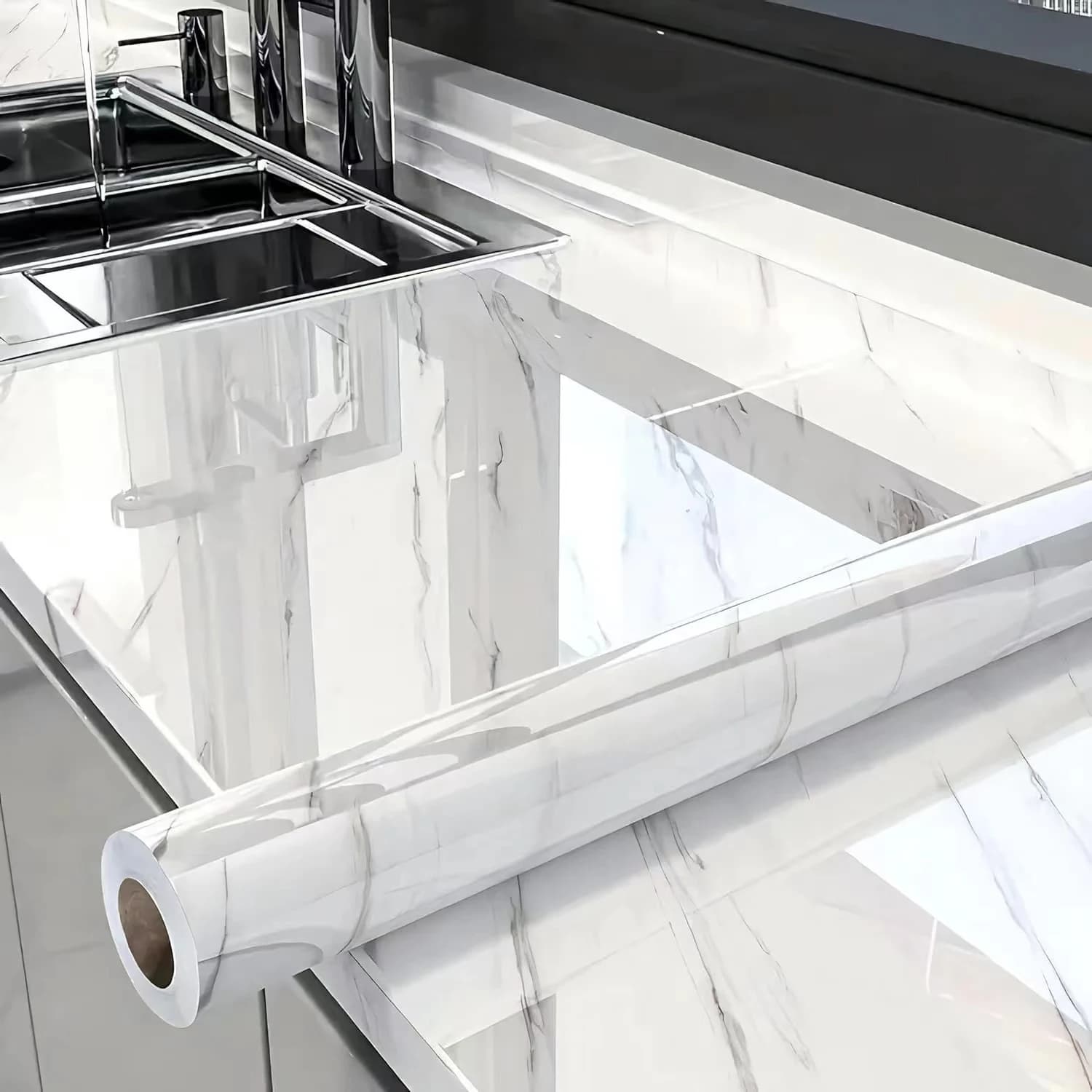 COWINLIFE DECO High Glossy Marble Kitchen Wall Paper White Peel and Stick Self Adhesive Waterproof Marble Sticker for Bathroom