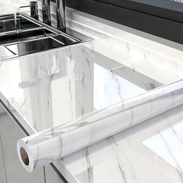 COWINLIFE DECO High Glossy Marble Kitchen Wall Paper White Peel and Stick Self Adhesive Waterproof Marble Sticker for Bathroom detail 1