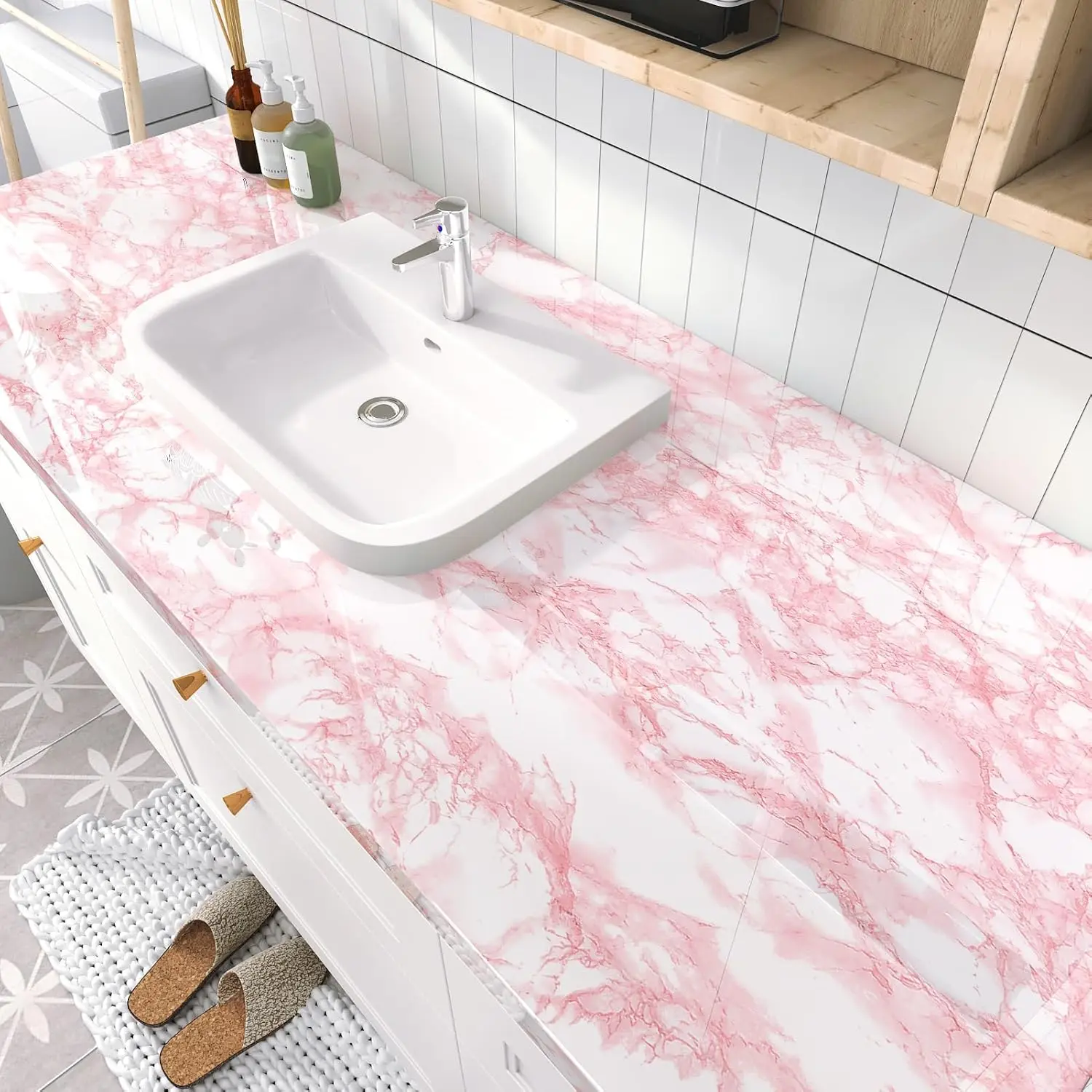 COWINLIFE DECO White Pink Contact Paper Peel and Stick Waterproof Self-adhesive Kitchen Vinyl Wrap Oil Proof Marble Sticker