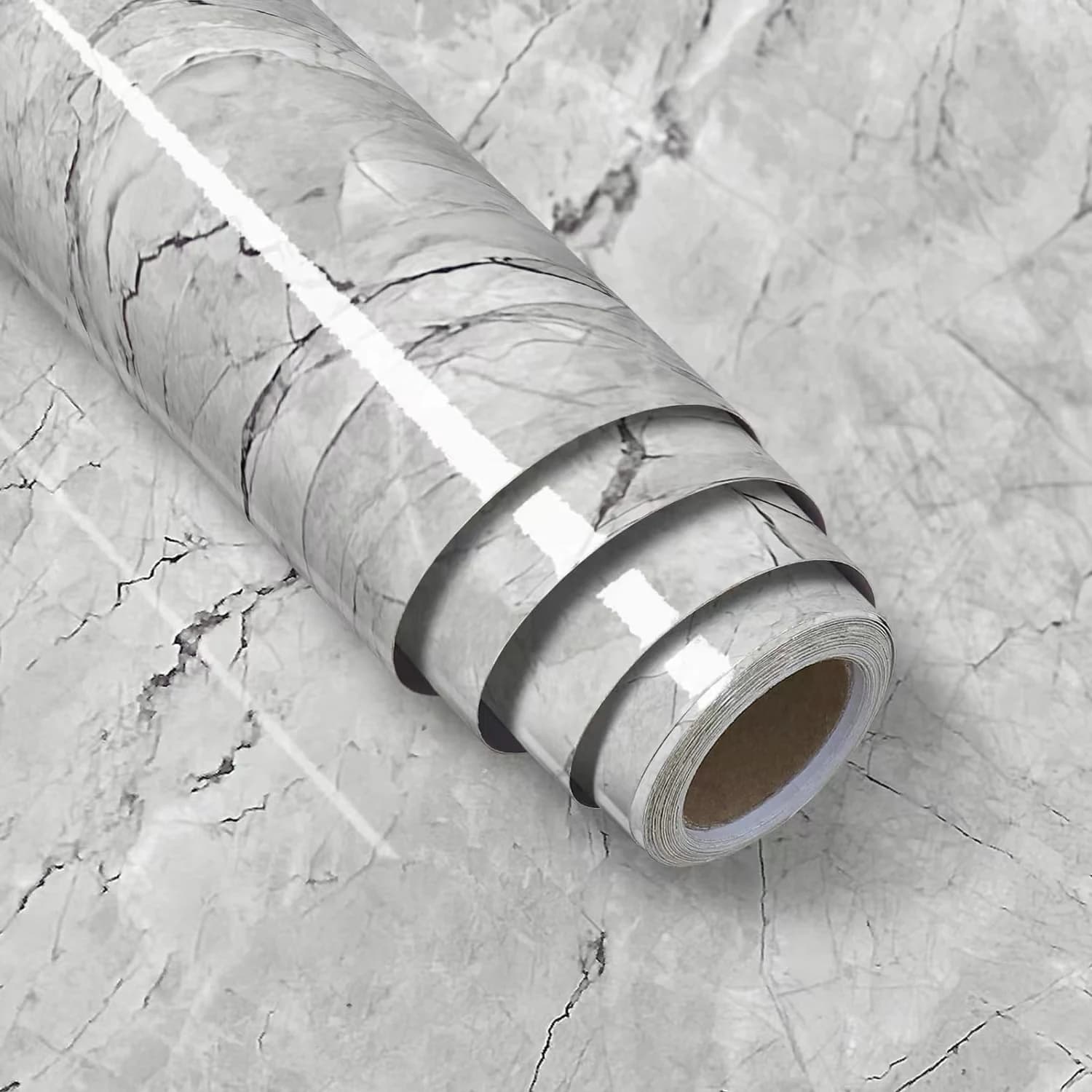 COWINLIFE DECO Custom Glossy Textured Gray Marble Wallpaper Sticker Peel and Stick Self Adhesive Decor Vinyl for Furniture