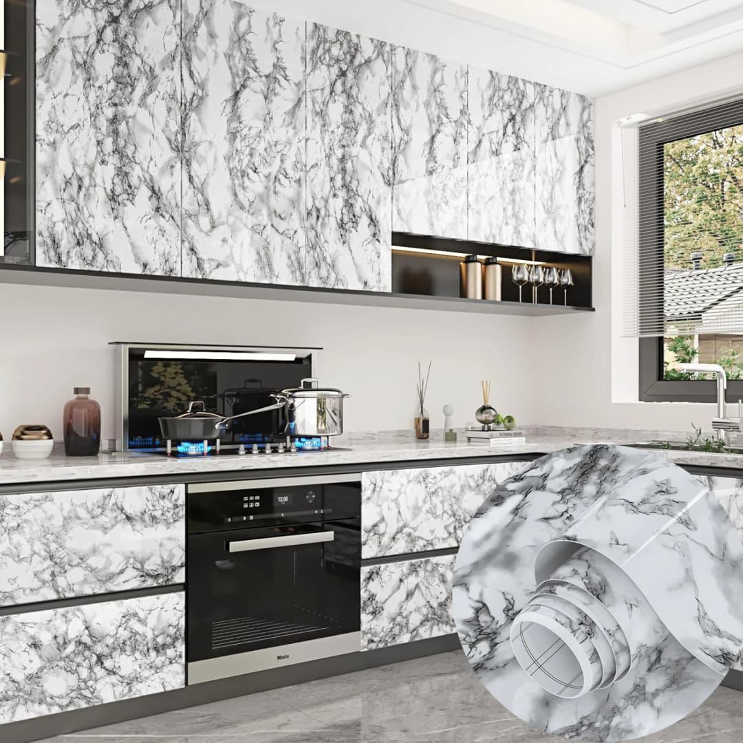 COWINLIFE DECO Waterproof Black and White Peel and Stick PVC Self Adhesive Wall Paper Vinyl Marble Sticker for Kitchen Countertop