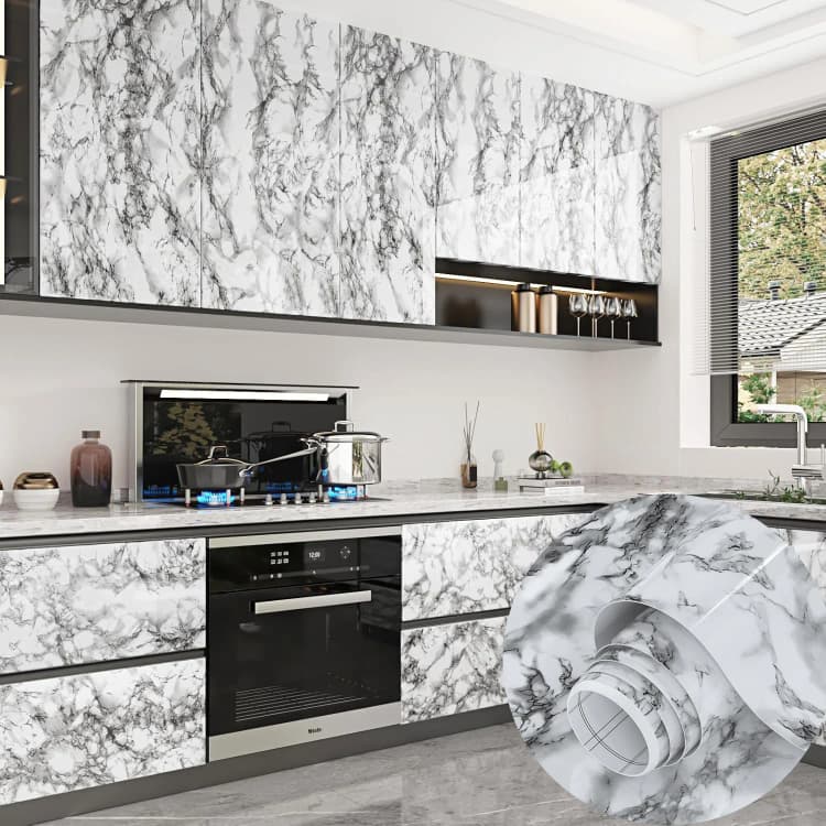 COWINLIFE DECO Waterproof Black and White Peel and Stick PVC Self Adhesive Wall Paper Vinyl Marble Sticker for Kitchen Countertop detail 1