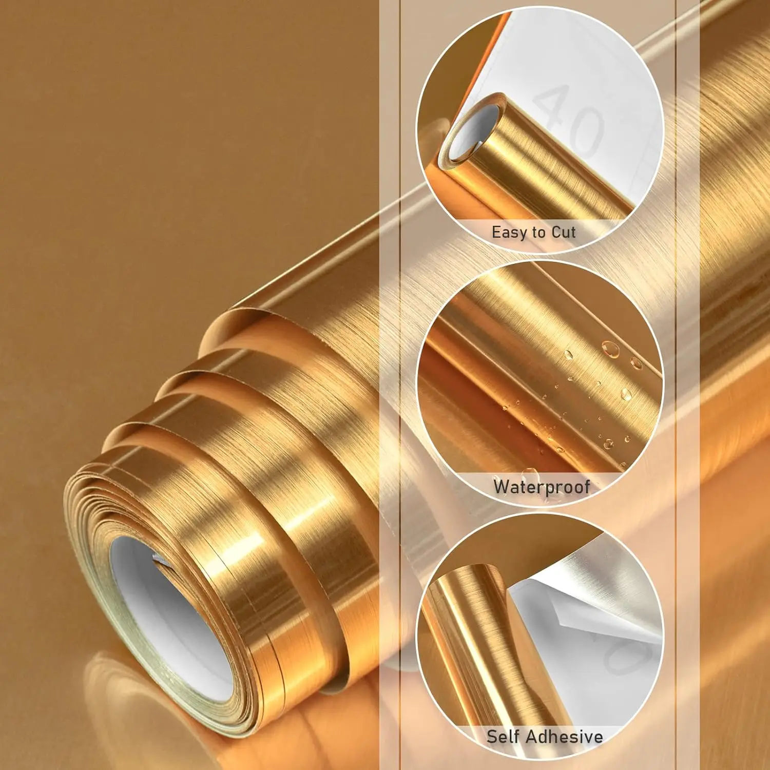 COWINLIFE DECO Gold Stainless Steel Metallic Wallpaper PVC Self Adhesive Removable Peel and Stick Refrigerator Kitchen Wall Paper
