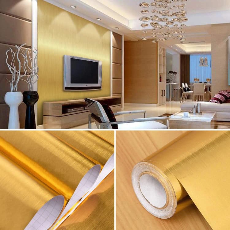 COWINLIFE DECO Gold Stainless Steel Metallic Wallpaper PVC Self Adhesive Removable Peel and Stick Refrigerator Kitchen Wall Paper detail 4