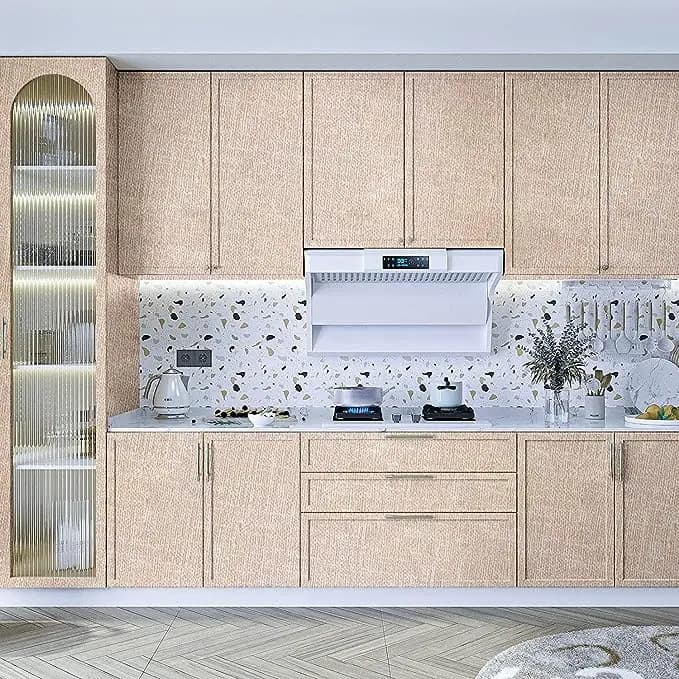 Textured Fabric Wallpaper Faux Grasscloth Beige Peel and Stick Self-Adhesive Linen Removable Wallpaper Cabinets Counter Top detail 4