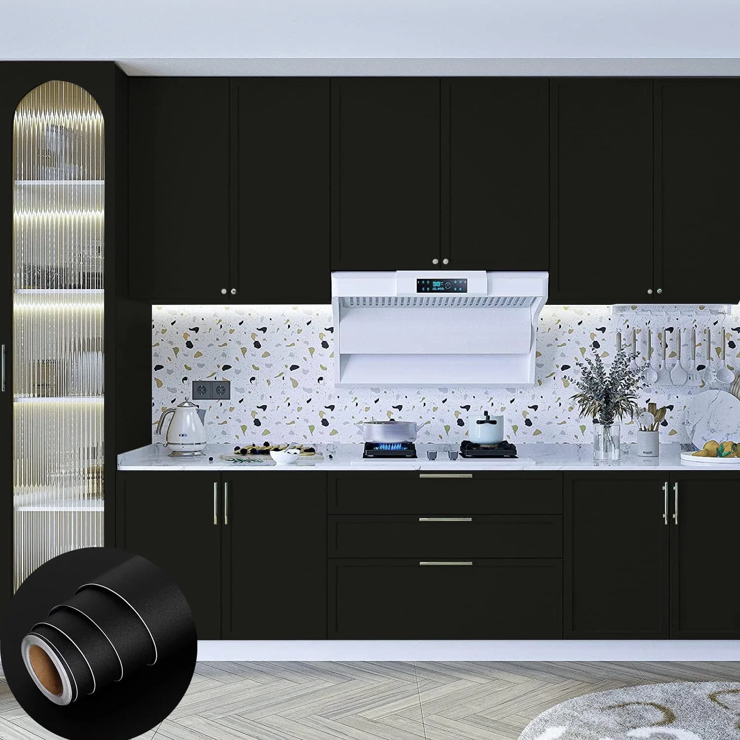 COWINLIFE Black Contact Paper Peel and Stick Kitchen Vinyl Wrap Self Adhesive Solid Wallpaper for Wall Cabinet Furniture