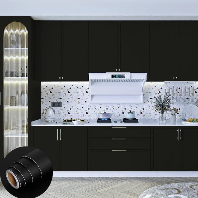 COWINLIFE Black Contact Paper Peel and Stick Kitchen Vinyl Wrap Self Adhesive Solid Wallpaper for Wall Cabinet Furniture detail 1