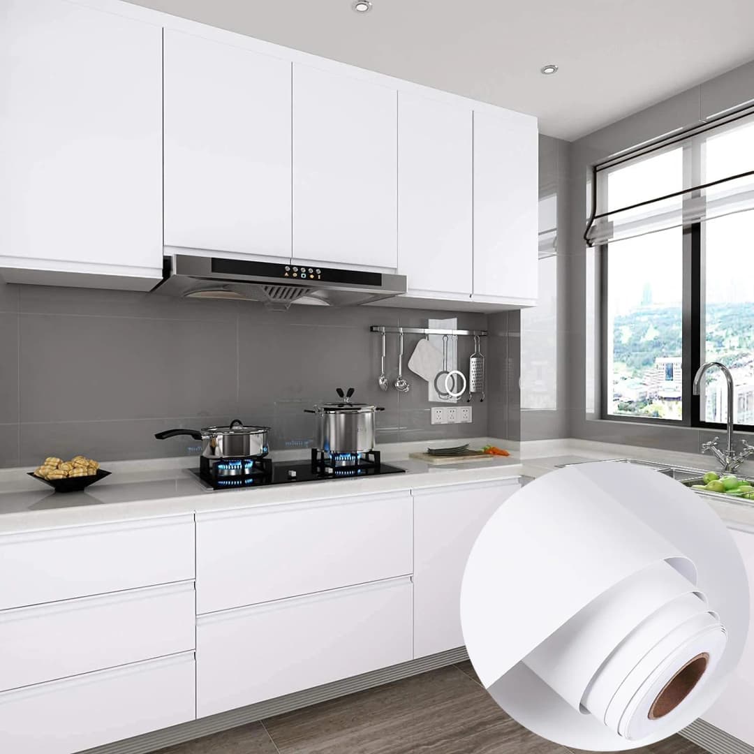 COWINLIFE White Matte Peel and Stick Self Adhesive Wall Paper Solid Vinyl Film Decorative Wallpapers for Kitchen Cabinet