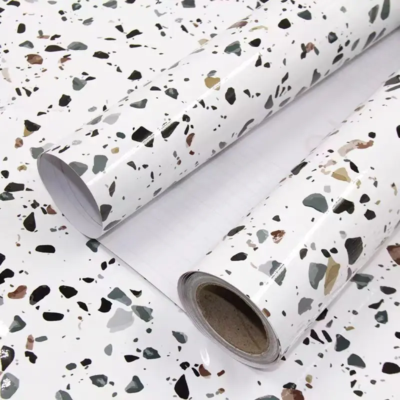 COWINLIFE Glossy Terrazzo Peel and Stick Waterproof Self Adhesive Pvc White Marble Stickers Wall Paper Rolls for Kitchen