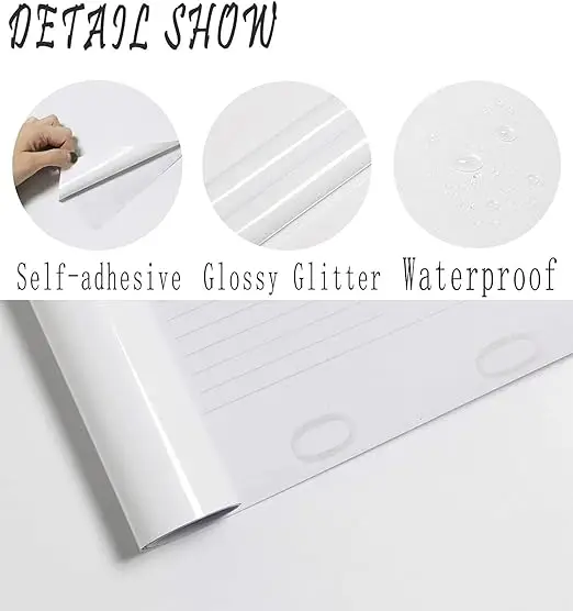 Glossy White PVC Glitter Removable Self Adhesive Wallpaper Peel and Stick Waterproof Wallpaper for Kitchen Decor detail 6