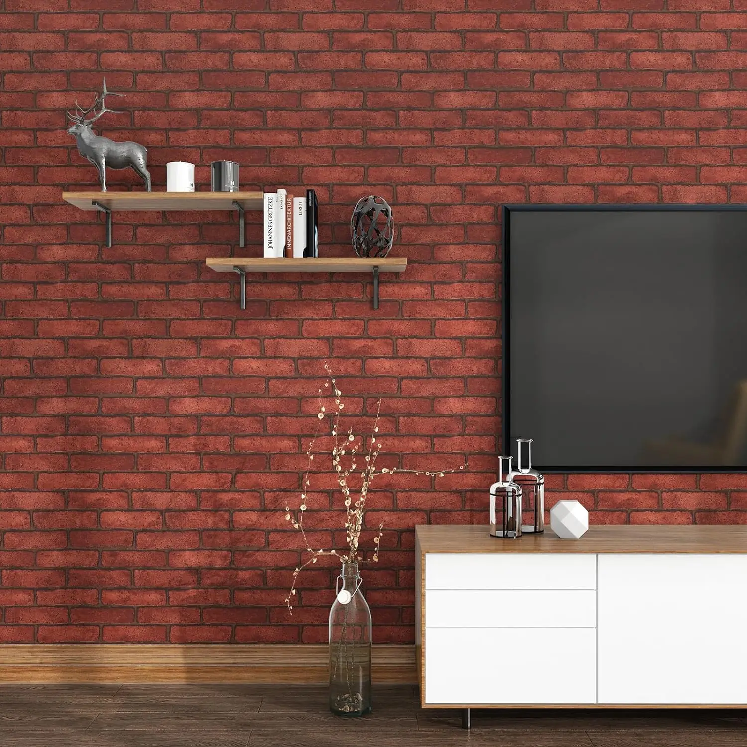 Christmas 3D Red Brick Wallpaper Peel and Stick Self Adhesive Brick Printed Wall Stickers for Brick Wall Backdrop Decoration