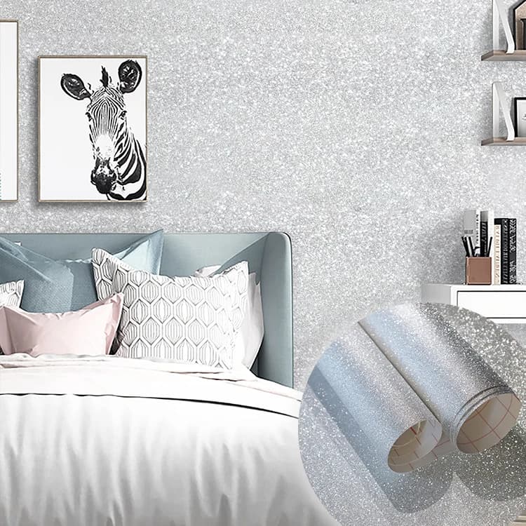 Removable Vinyl Self Adhesive Silver Glitter Wallpaper Stick and Peel Contact Paper for Walls Dresser Counters Gifts Decor