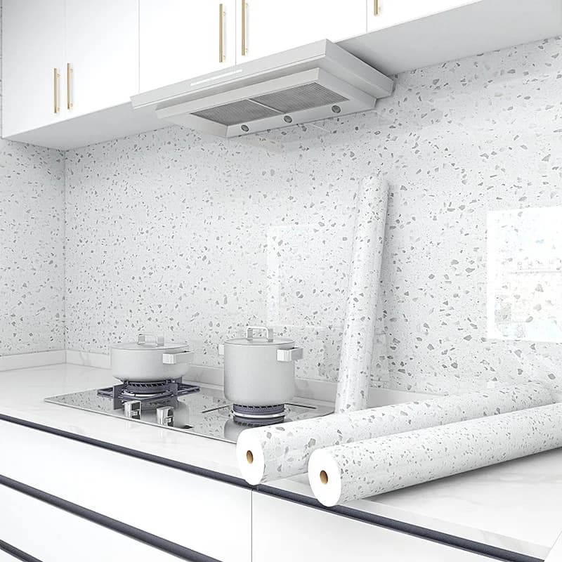 Waterproof Glossy White Granite Terrazzo Vinyl Contact Paper Self Adhesive Marble Pvc Decor Wallpaper for Kitchen Countertops