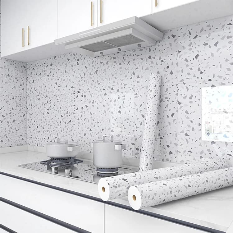 Waterproof Glossy White Granite Terrazzo Vinyl Contact Paper Self Adhesive Marble Pvc Decor Wallpaper for Kitchen Countertops detail 2