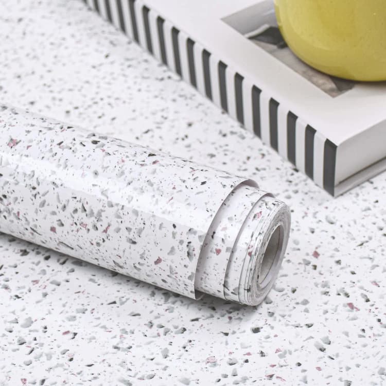 Waterproof Glossy White Granite Terrazzo Vinyl Contact Paper Self Adhesive Marble Pvc Decor Wallpaper for Kitchen Countertops detail 3