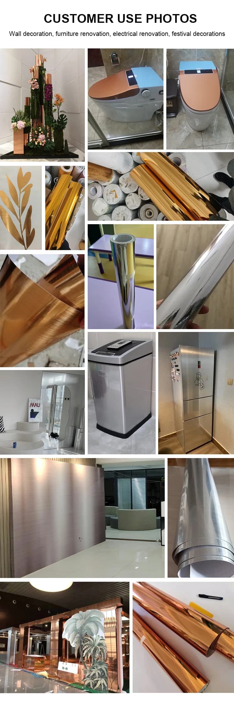 Stainless Steel Wall Paper Rolls Decoration Self Adhesive Film Decoration Gold Wallpaper Metallic detail 6