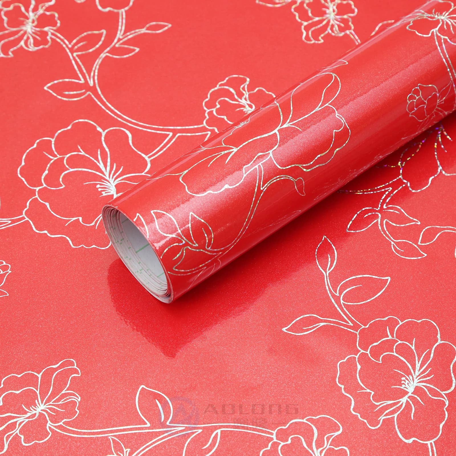 Red Glitter Glossy Cupboard Kitchen Cabinet Wallpaper Pvc Contact Paper Self Adhesive Peel and Stick Wall Paper Roll in China