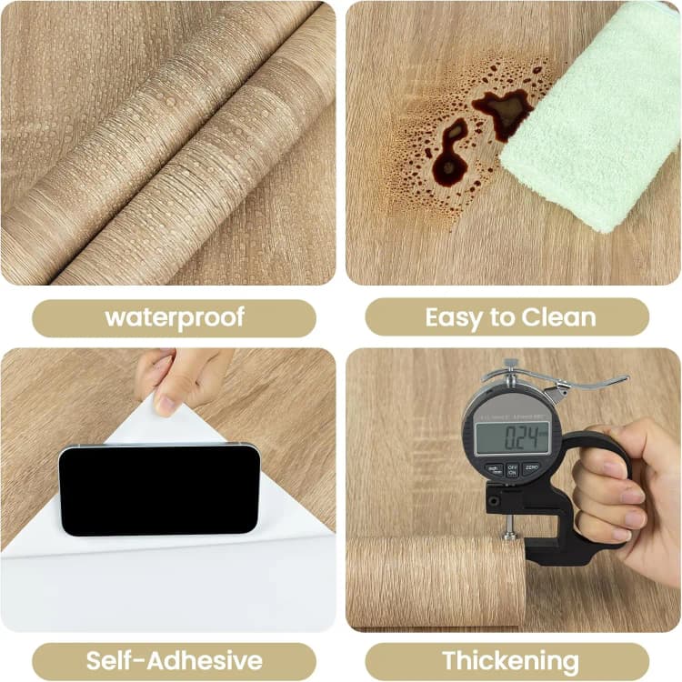 COWINLIFE DECO Wood Texture Thickening 3D Wall Stickers Peel and Stick Paper Home Decor PVC Self-Adhesive Wallpaper Rolls for Kitchen detail 3