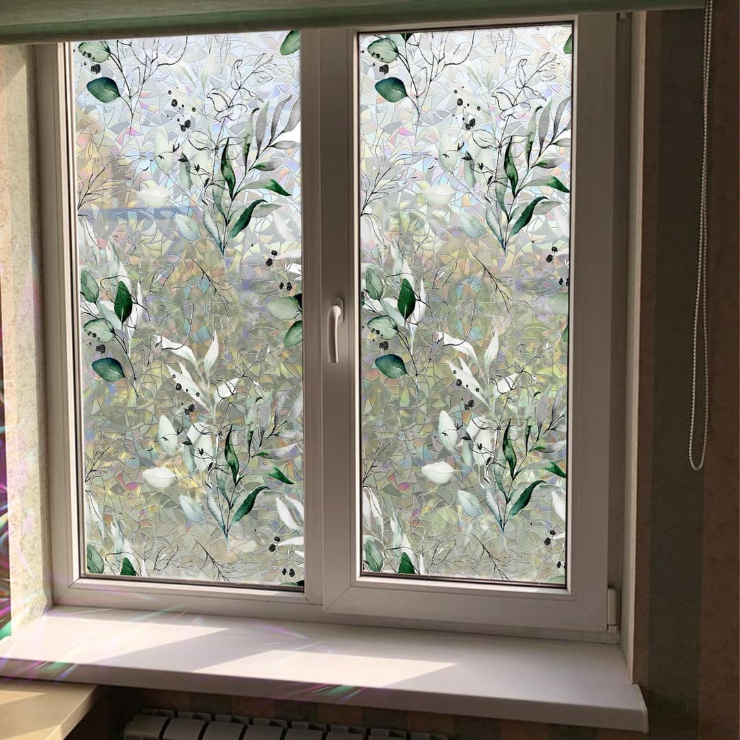 Suncatcher Static Window Film Glass Cling Watercolor Leaves Privacy Decal Living Room Sun Blocking Stained Decor Large Stickers DIY Decorations, 16.93*39.37 inch