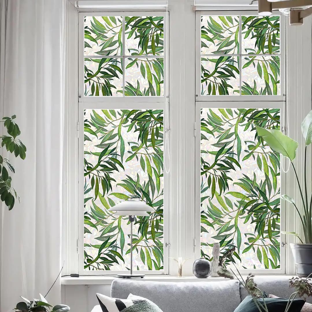 Suncatcher Static Window Film Glass Cling Watercolor Leaves Privacy Decal Living Room Sun Blocking Stained Decor Large Stickers DIY Decorations, 16.93*39.37 inch
