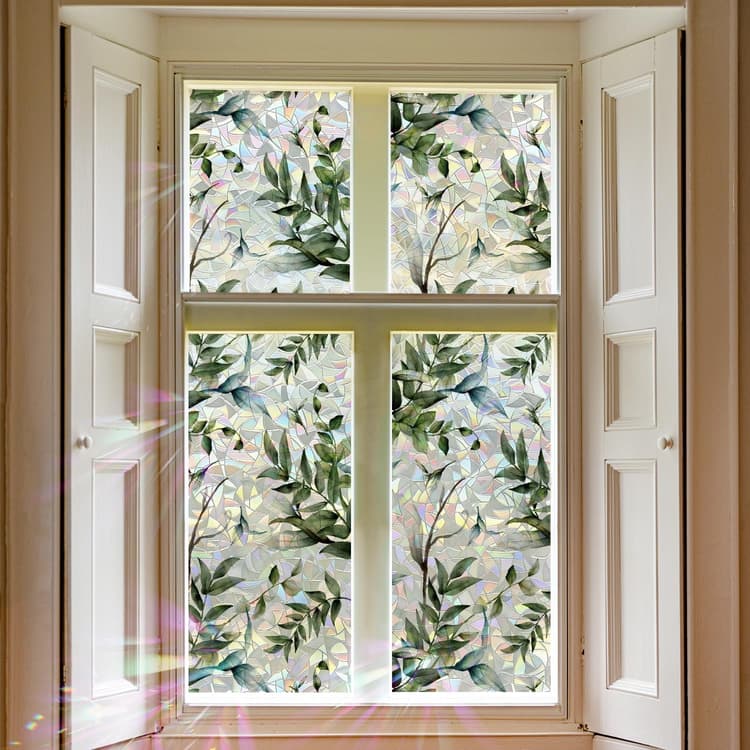 Watercolor Leaves Static Window Film Laser Suncatcher Glass Cling Privacy Decal Living Room Sun Blocking Decor Large Stickers DIY Decorations