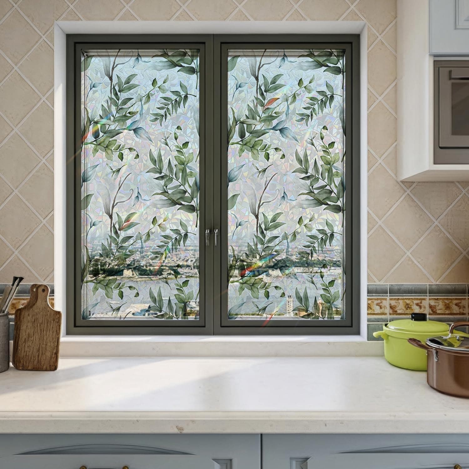 Watercolor Leaves Static Window Film Laser Suncatcher Glass Cling Privacy Decal Living Room Sun Blocking Decor Large Stickers DIY Decorations gallery image 2