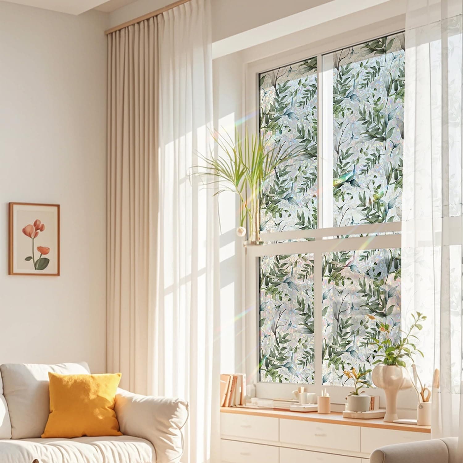 Watercolor Leaves Static Window Film Laser Suncatcher Glass Cling Privacy Decal Living Room Sun Blocking Decor Large Stickers DIY Decorations gallery image 3