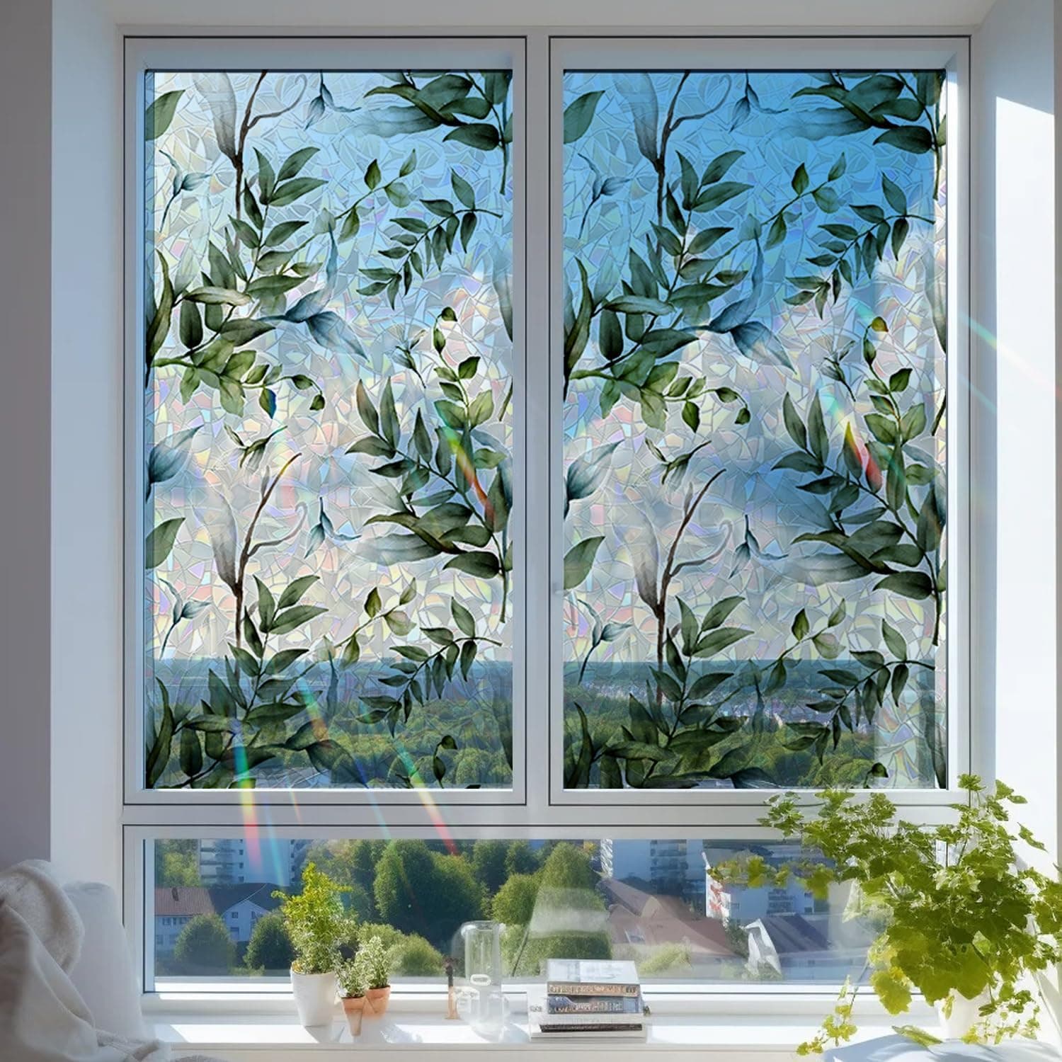 Watercolor Leaves Static Window Film Laser Suncatcher Glass Cling Privacy Decal Living Room Sun Blocking Decor Large Stickers DIY Decorations gallery image 4