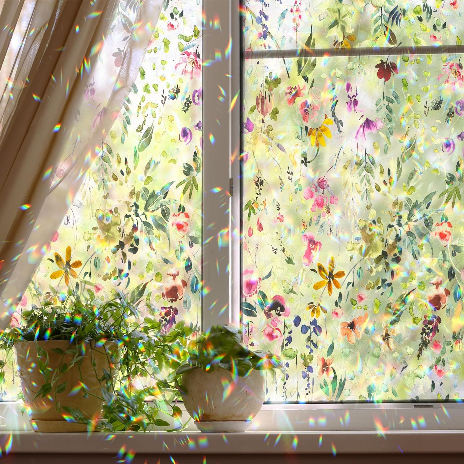 Floral Static Window Privacy Film Watercolor Laser Suncatcher Cling 3D Living Room Sun Blocking Decal DIY Glass Decor Non-Adhesive Cover gallery image 2