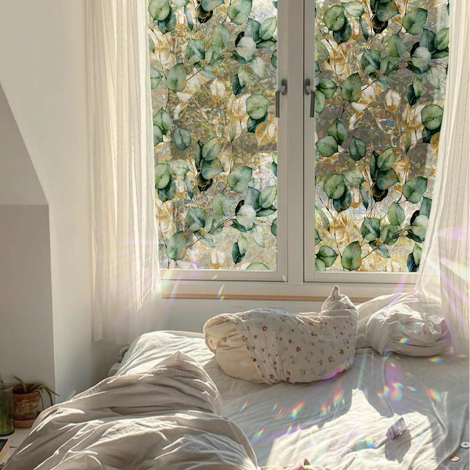 Watercolor Leaves Static Window Film Laser Suncatcher Glass Cling Privacy Decal Living Room Sun Blocking Decor Large Stickers DIY Decorations gallery image 5