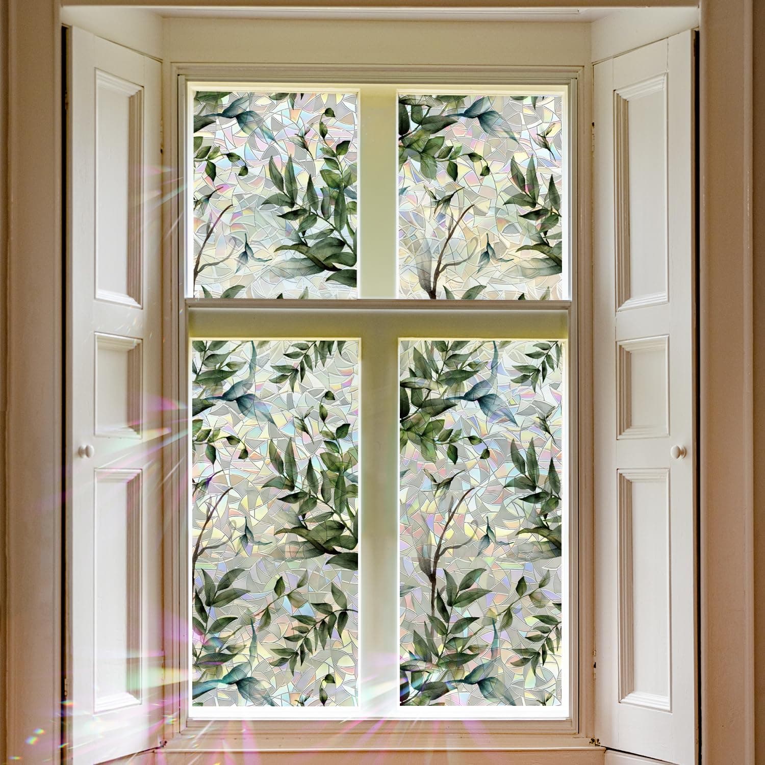 QUCHENG Watercolor Leaves Static Window Film Laser Suncatcher Glass Cling Privacy Decal Living Room Sun Blocking Decor Large Stickers DIY Decorations