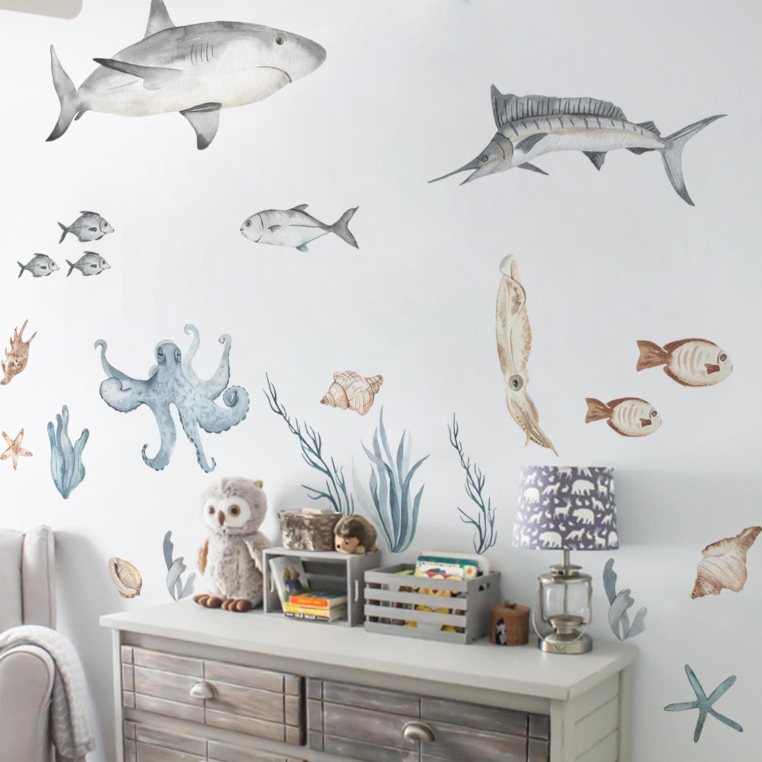 Ocean Wall Decals Marine Animal Boys Bedroom Large Stickers Removable Whale Decor Nursery Kids Room Murals DIY Cute Decorations