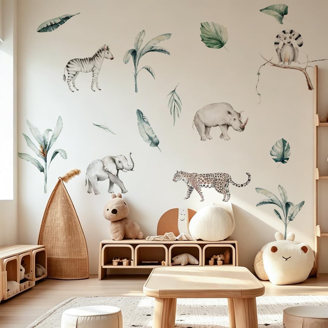 Safari Animal Wall Stickers Jungle Wildlife Large Home Decals Removable Vinyl Mural Living Room Nature Aesthetic Decor