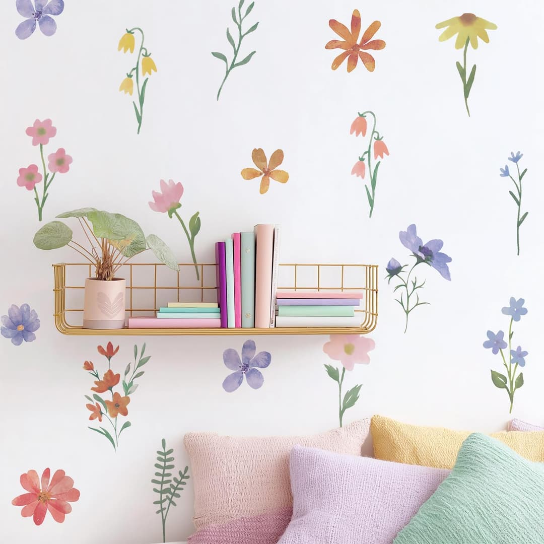 Nursery Floral Wall Stickers Decals Peel and Stick Decor 6 Sheets | Peel & stick, no residue, watercolor, nursery kids room bedroom playroom classroom decor, DIY craft, safe non-toxic material