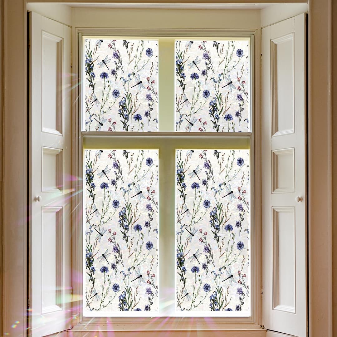 Floral Static Window Privacy Film Watercolor Laser Suncatcher Cling 3D Living Room Sun Blocking Decal DIY Glass Decor Non-Adhesive Cover
