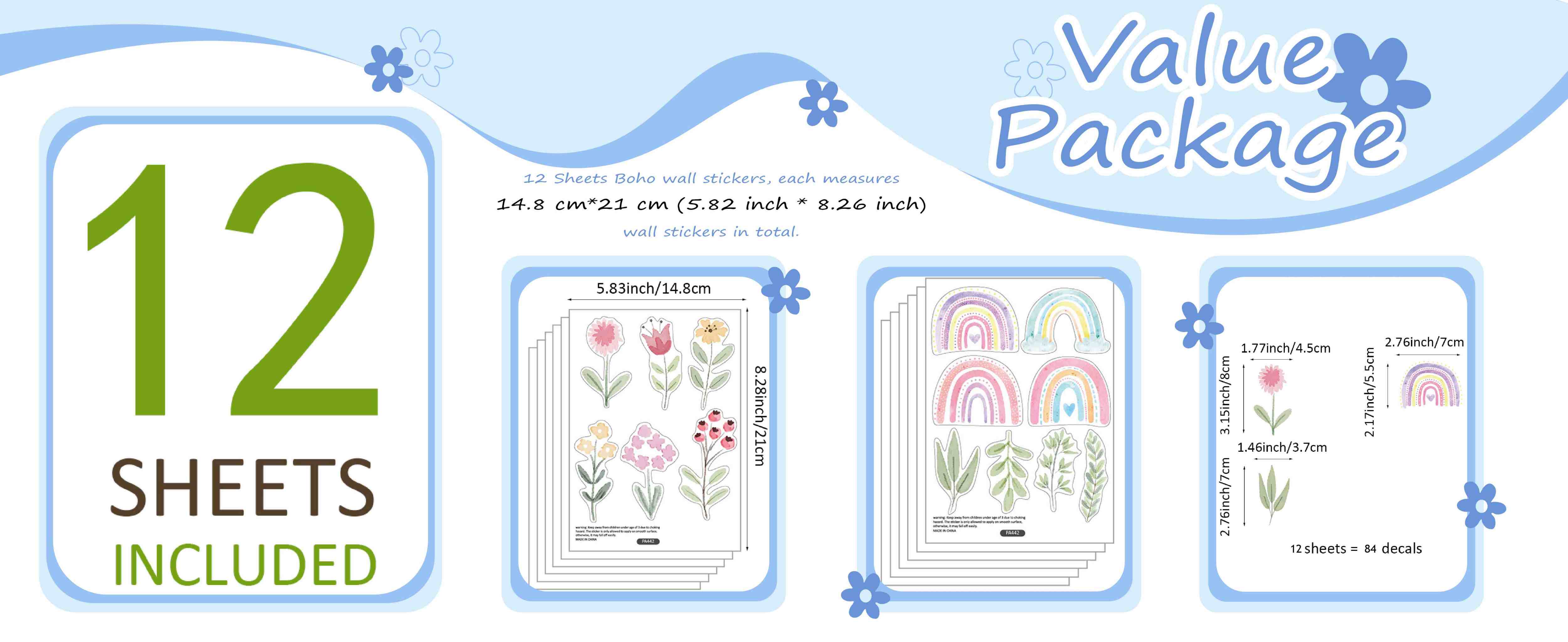 Nursery Wall Stickers Boho Kids Room Decor Girls Bedroom Removable Wall Decals Vinyl Murals DIY Cute Decorations 12 Sheets product detail image 3