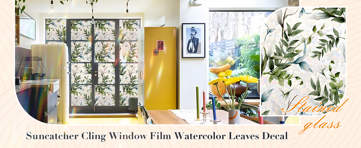 Watercolor Leaves Static Window Film Laser Suncatcher Glass Cling Privacy Decal Living Room Sun Blocking Decor Large Stickers DIY Decorations product detail image 2