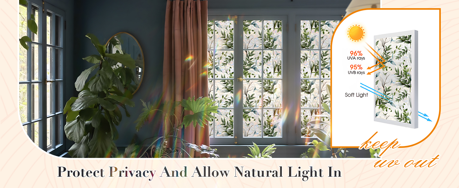 Watercolor Leaves Static Window Film Laser Suncatcher Glass Cling Privacy Decal Living Room Sun Blocking Decor Large Stickers DIY Decorations product detail image 3