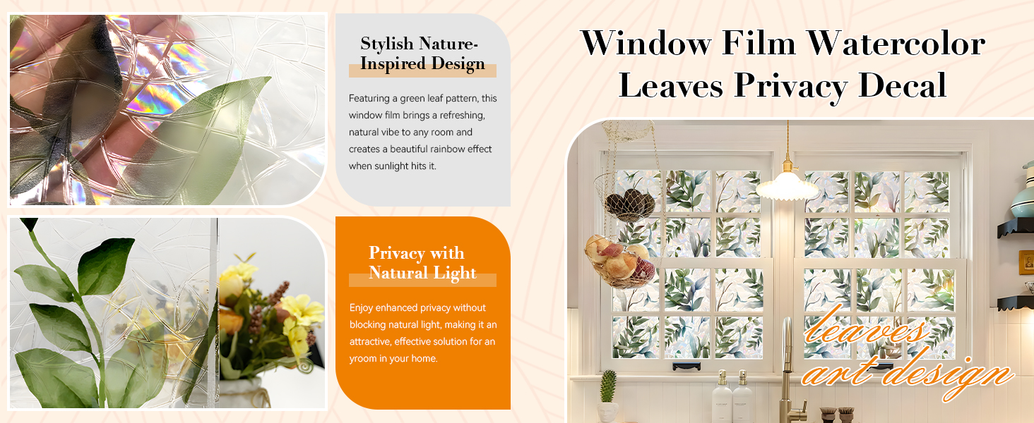 Watercolor Leaves Static Window Film Laser Suncatcher Glass Cling Privacy Decal Living Room Sun Blocking Decor Large Stickers DIY Decorations product detail image 4