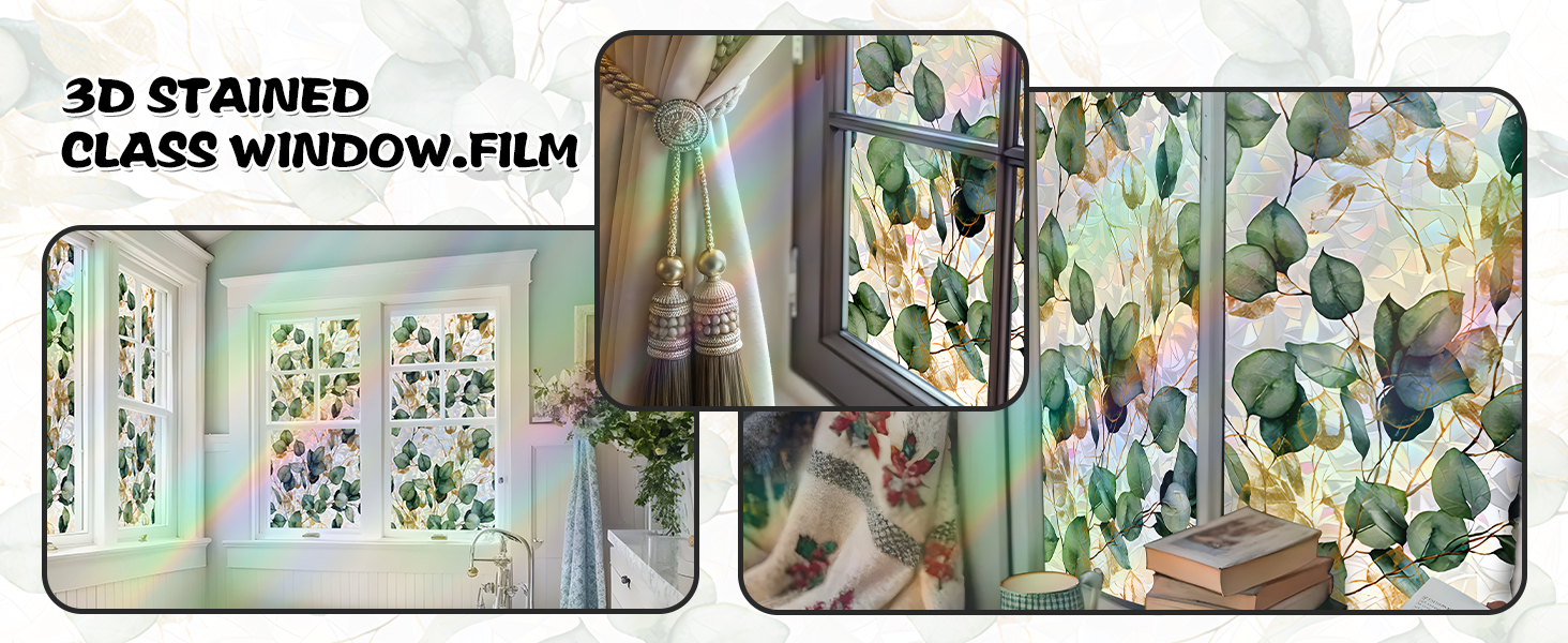 Watercolor Leaves Static Window Film Laser Suncatcher Glass Cling Privacy Decal Living Room Sun Blocking Decor Large Stickers DIY Decorations product detail image 4