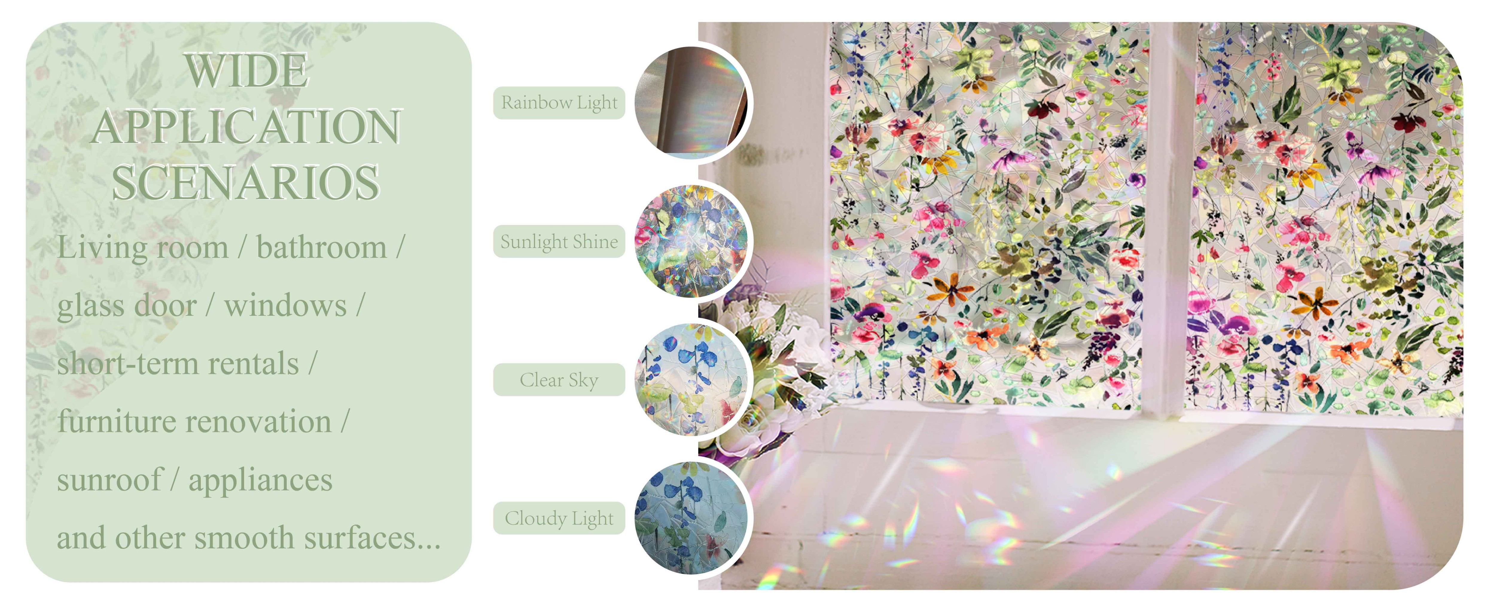 Floral Static Window Privacy Film Watercolor Laser Suncatcher Cling 3D Living Room Sun Blocking Decal DIY Glass Decor Non-Adhesive Cover product detail image 1
